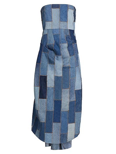 Patchwork Denim Strapless Bustle Dress