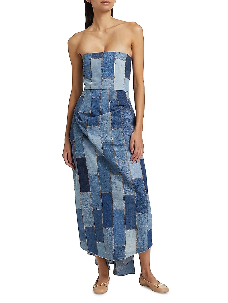 Patchwork Denim Strapless Bustle Dress