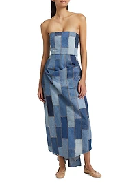 Patchwork Denim Strapless Bustle Dress