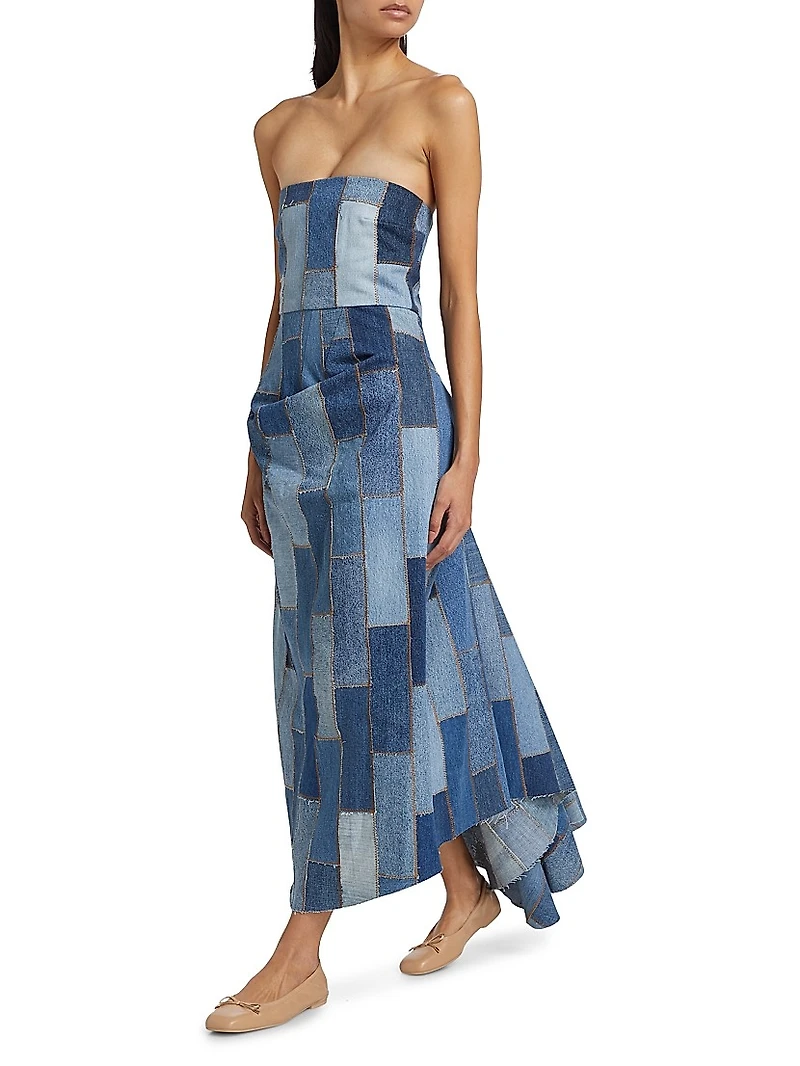 Patchwork Denim Strapless Bustle Dress