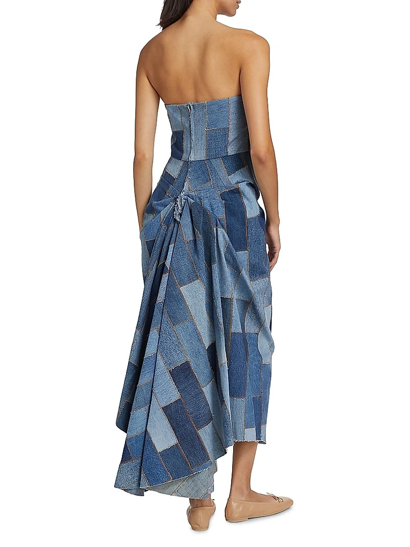 Patchwork Denim Strapless Bustle Dress