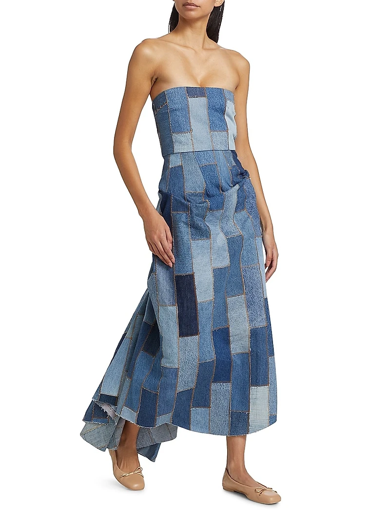 Patchwork Denim Strapless Bustle Dress