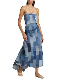 Patchwork Denim Strapless Bustle Dress