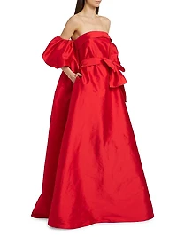Belted Taffeta Off-The-Shoulder Gown