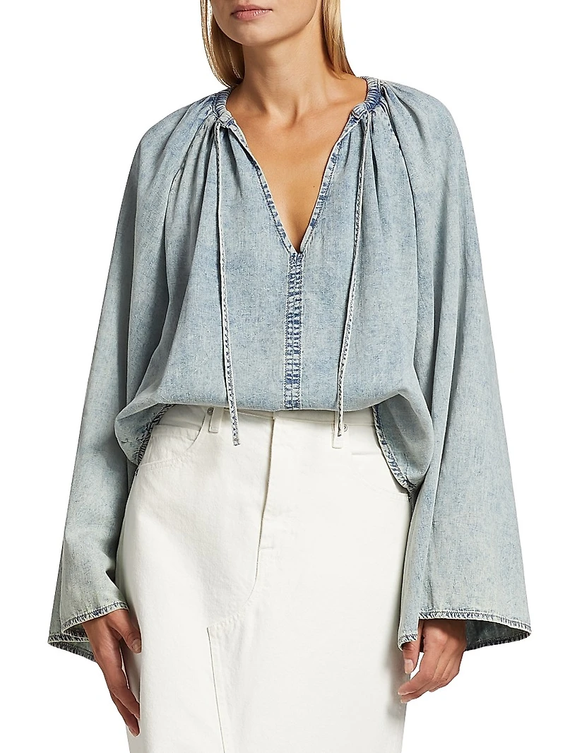 Cotton & Linen-Blend V-Neck Blouse