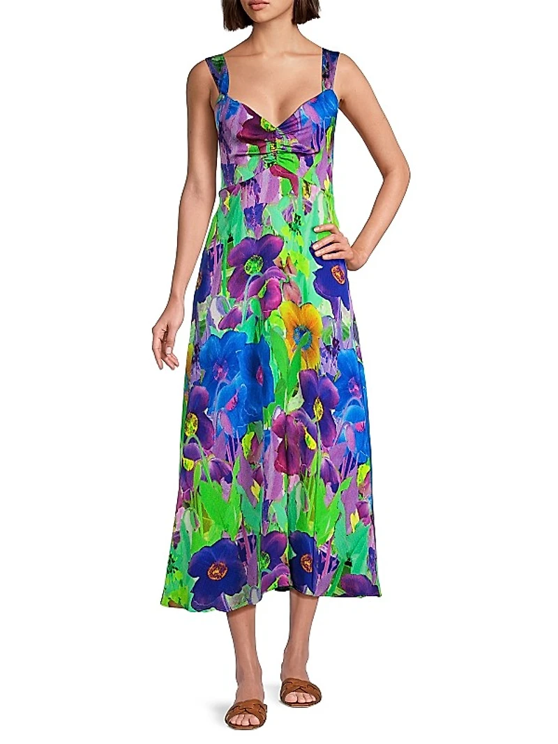 Alex Floral Hammered Satin Midi-Dress