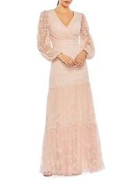 Embellished Tulle Puff-Sleeve Gown