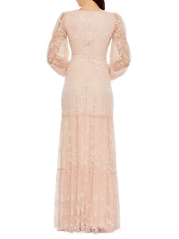 Embellished Tulle Puff-Sleeve Gown
