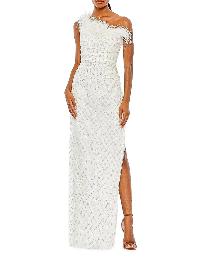 Floral Feather-Trimmed One-Shoulder Column Gown