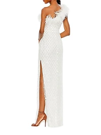 Floral Feather-Trimmed One-Shoulder Column Gown