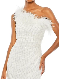 Floral Feather-Trimmed One-Shoulder Column Gown