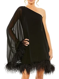 Feather-Trimmed Trapeze One-Shoulder Dress