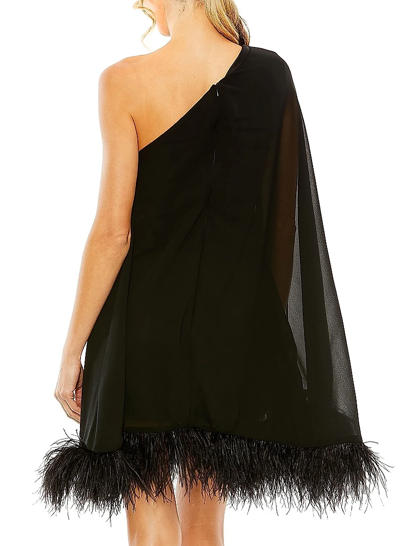 Feather-Trimmed Trapeze One-Shoulder Dress