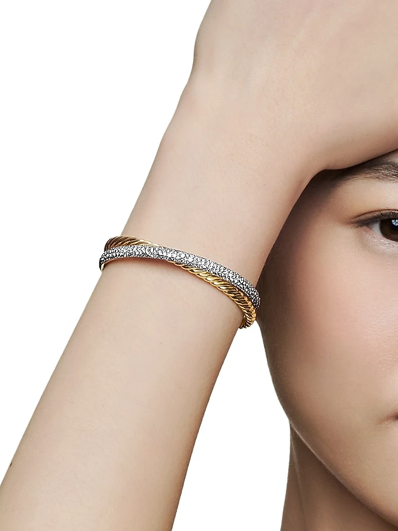 Pavé Crossover Two Row Cuff Bracelet 18K Yellow Gold