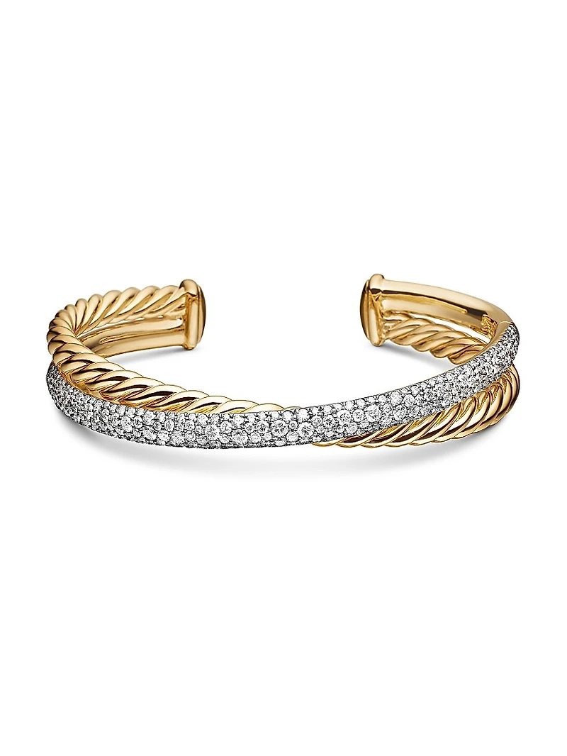 Pavé Crossover Two Row Cuff Bracelet 18K Yellow Gold