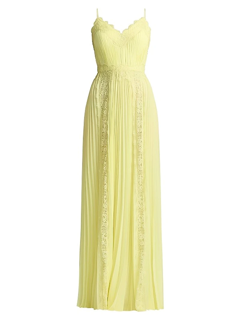 Lace-Trimmed Pleated Chiffon Gown