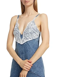 Lace-Embellished Denim Midi-Dress