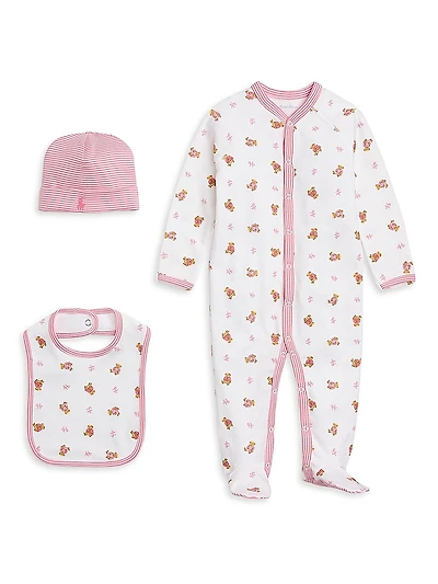 Baby Girl's Polo Bear Print Footie, Beanie & Bib Set