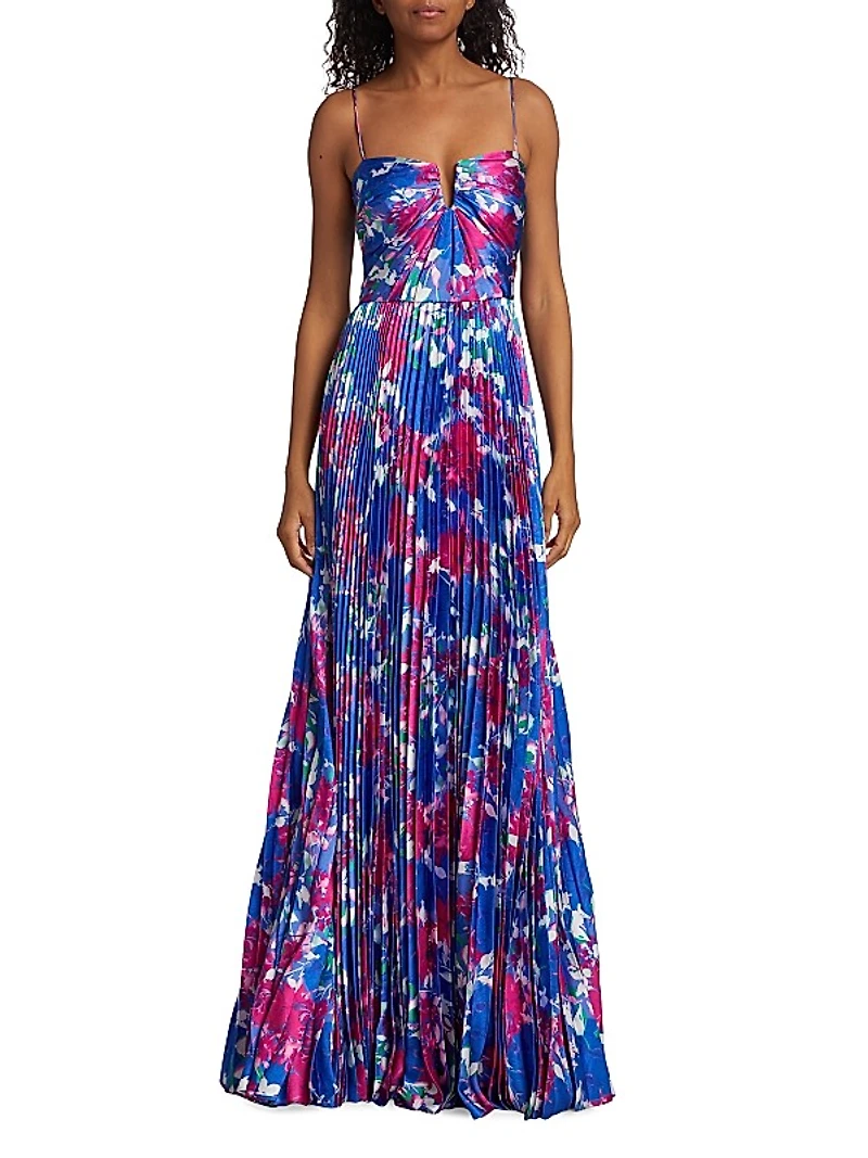Evelyn Satin Floral Pleated Gown