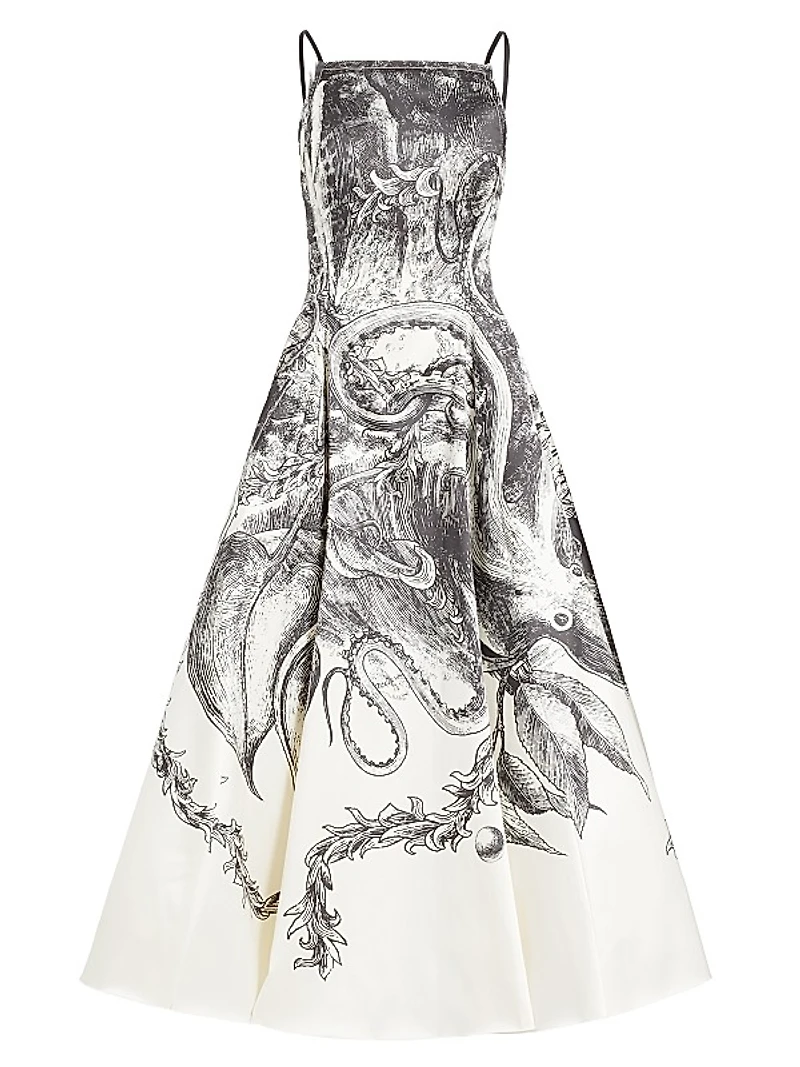 Sketch-Print Wool Twill Cocktail Dress