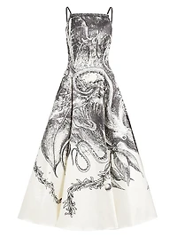 Sketch-Print Wool Twill Cocktail Dress