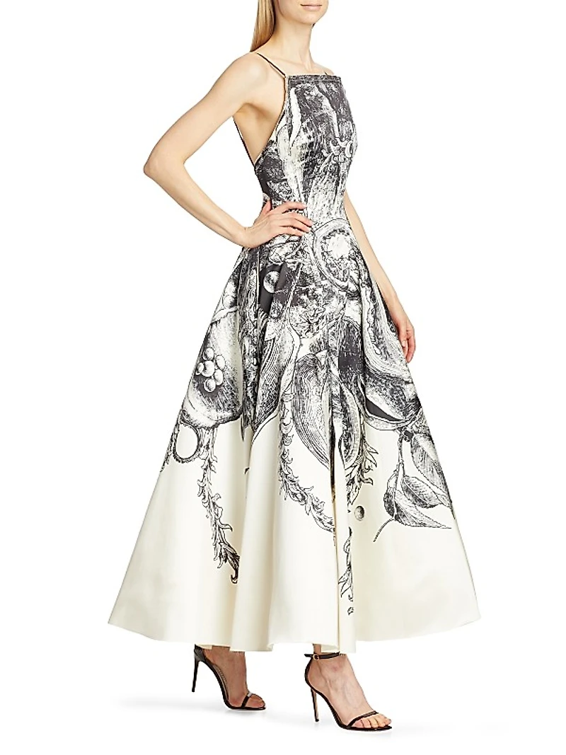 Sketch-Print Wool Twill Cocktail Dress