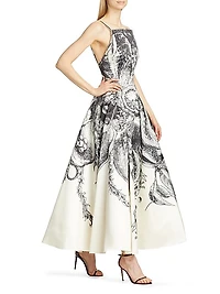Sketch-Print Wool Twill Cocktail Dress