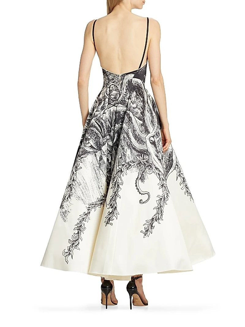 Sketch-Print Wool Twill Cocktail Dress