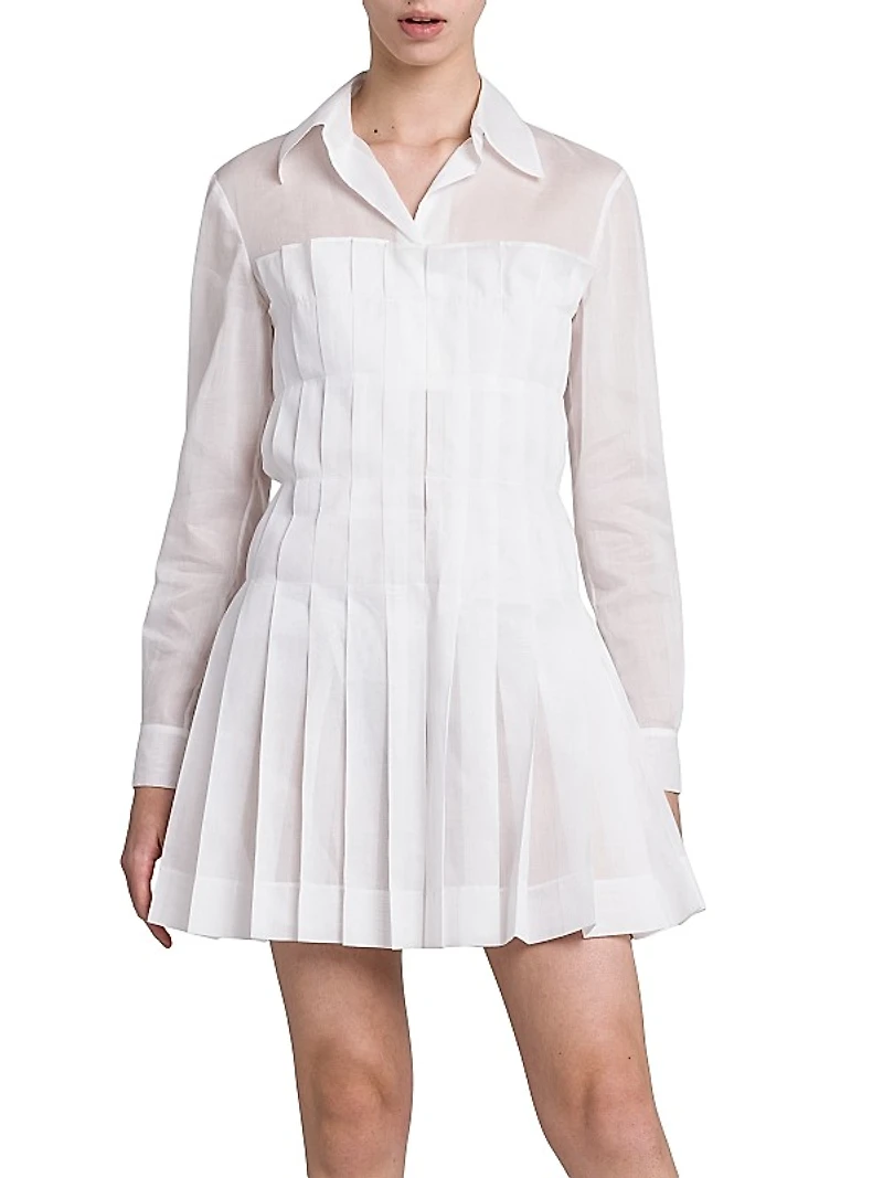 Pleated Cotton Mini Shirtdress