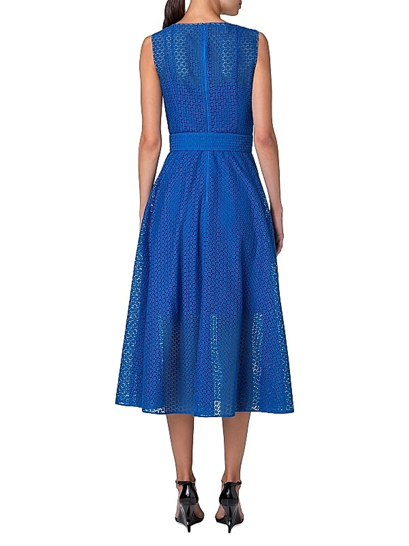 Eyelet Lace Belted Midi-Dress