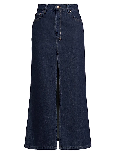 Express To Mars Swerve Stretch Denim Midi-Skirt