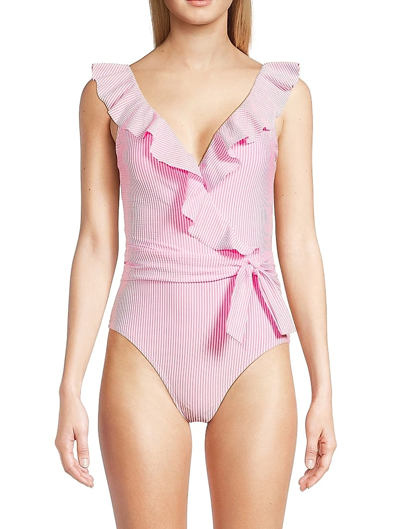 Delphie Seersucker Ruffled One-Piece Swimsuit