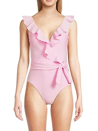 Delphie Seersucker Ruffled One-Piece Swimsuit
