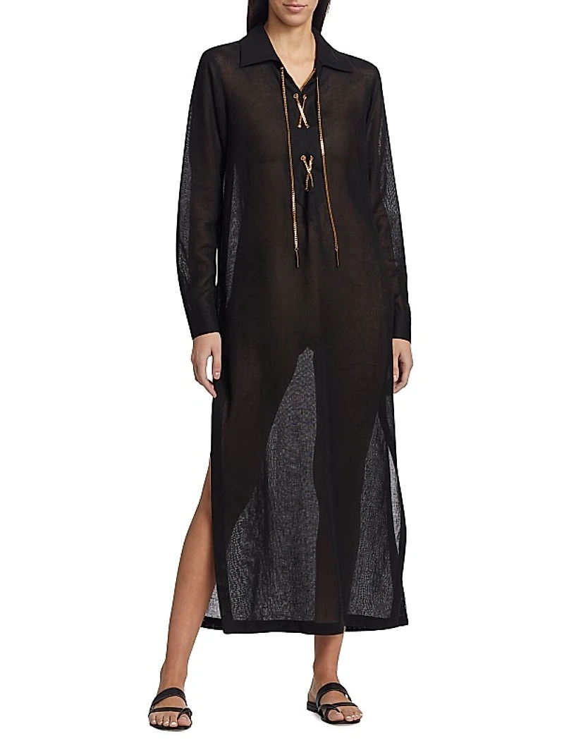 Lace-Up Linen Maxi Dress