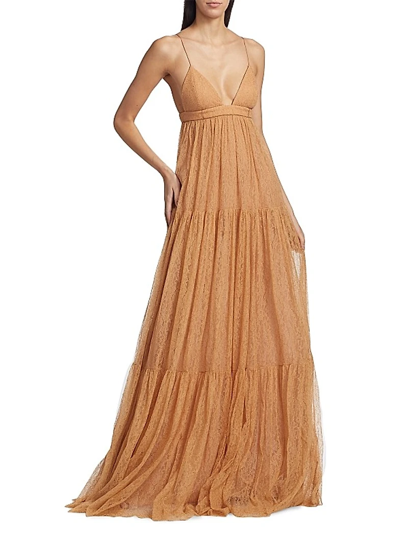 Sleeveless Tiered Lace Gown