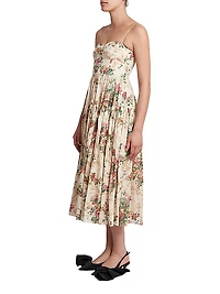Pleated Floral Linen Midi-Dress