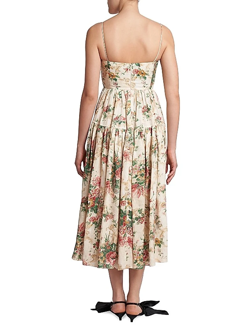 Pleated Floral Linen Midi-Dress