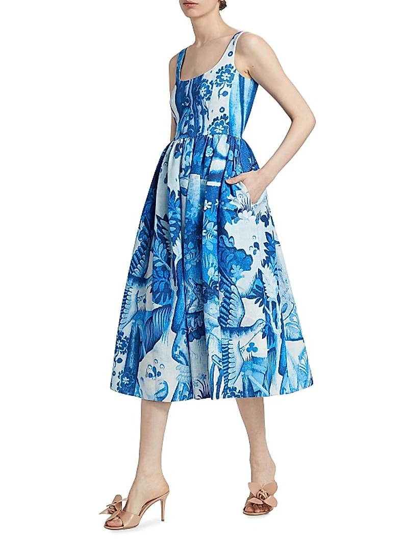 Abstract Cotton-Blend Fit-And-Flare Midi-Dress