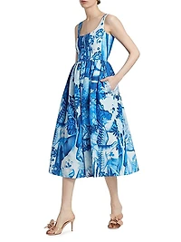 Abstract Cotton-Blend Fit-And-Flare Midi-Dress