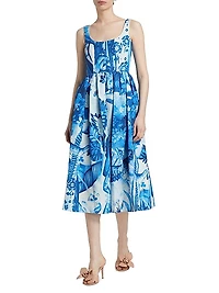 Abstract Cotton-Blend Fit-And-Flare Midi-Dress