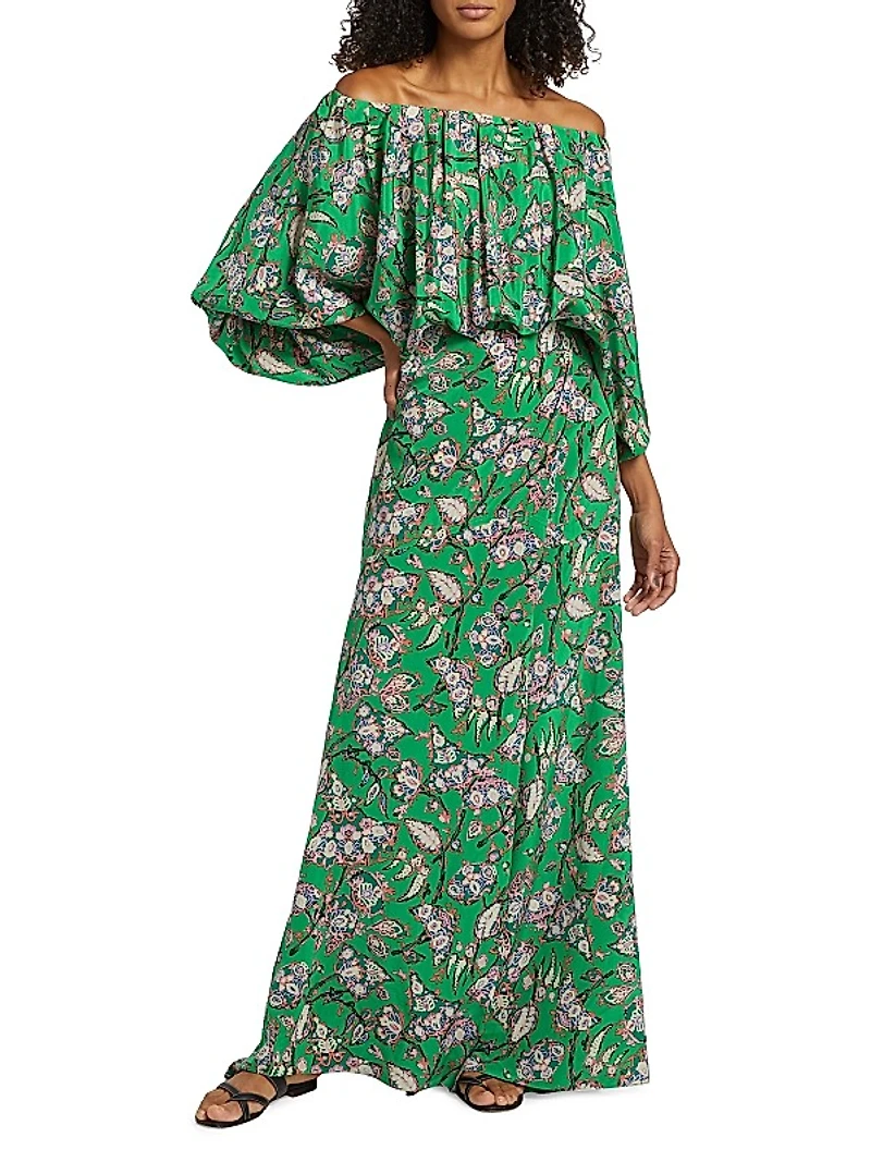 Natalia Floral Silk Off-the-Shoulder Maxi Dress