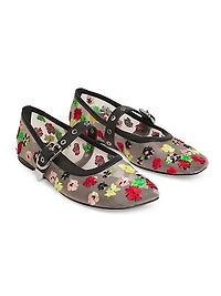 Flowerworks Floral-Embroidered Mesh Mary Jane Flats