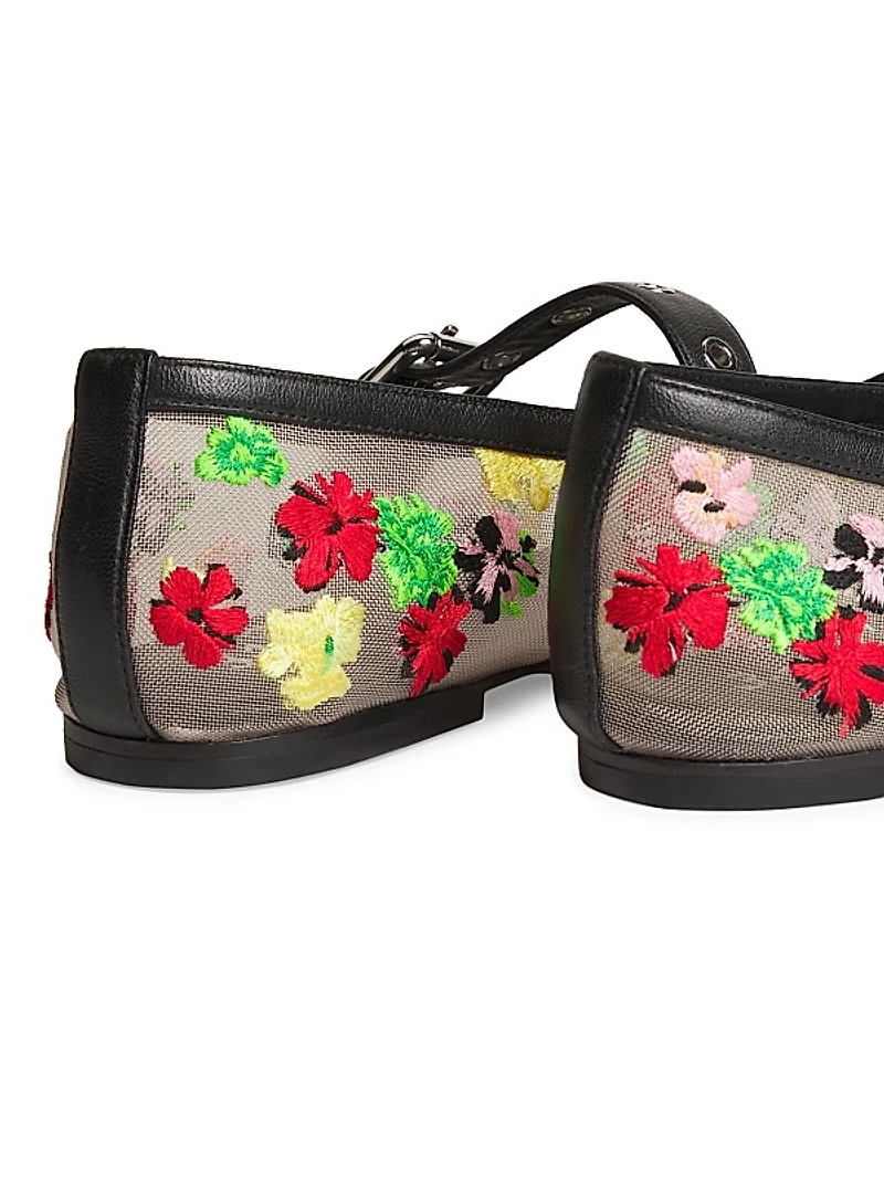 Flowerworks Floral-Embroidered Mesh Mary Jane Flats