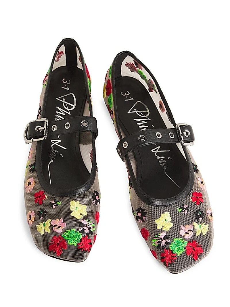 Flowerworks Floral-Embroidered Mesh Mary Jane Flats