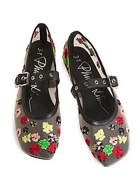Flowerworks Floral-Embroidered Mesh Mary Jane Flats