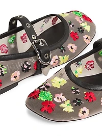 Flowerworks Floral-Embroidered Mesh Mary Jane Flats