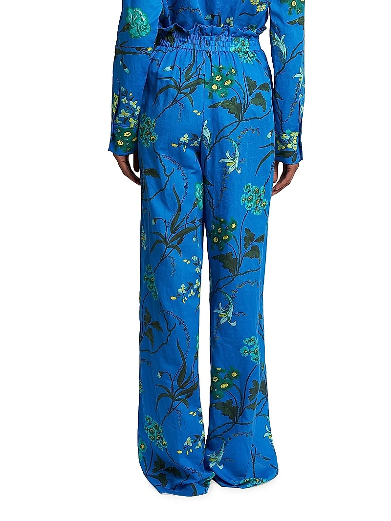 Cotton-Linen Floral Belted Trousers