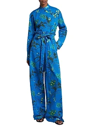Cotton-Linen Floral Belted Trousers