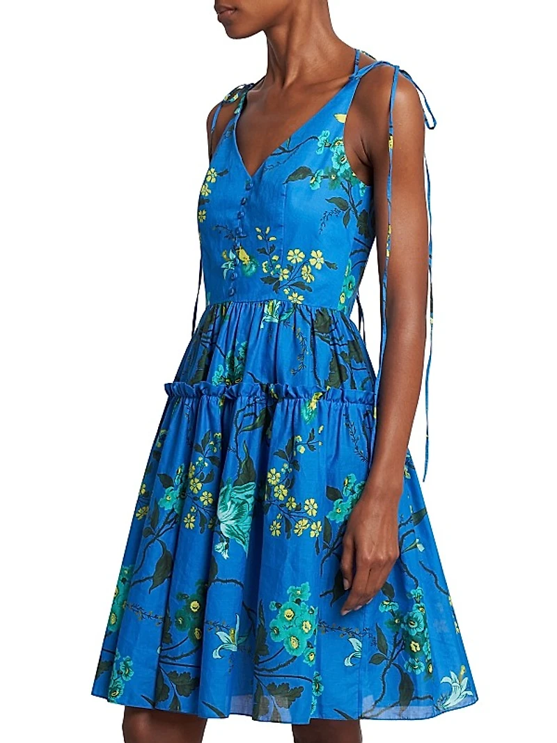 Cotton-Linen Floral Strappy Minidress