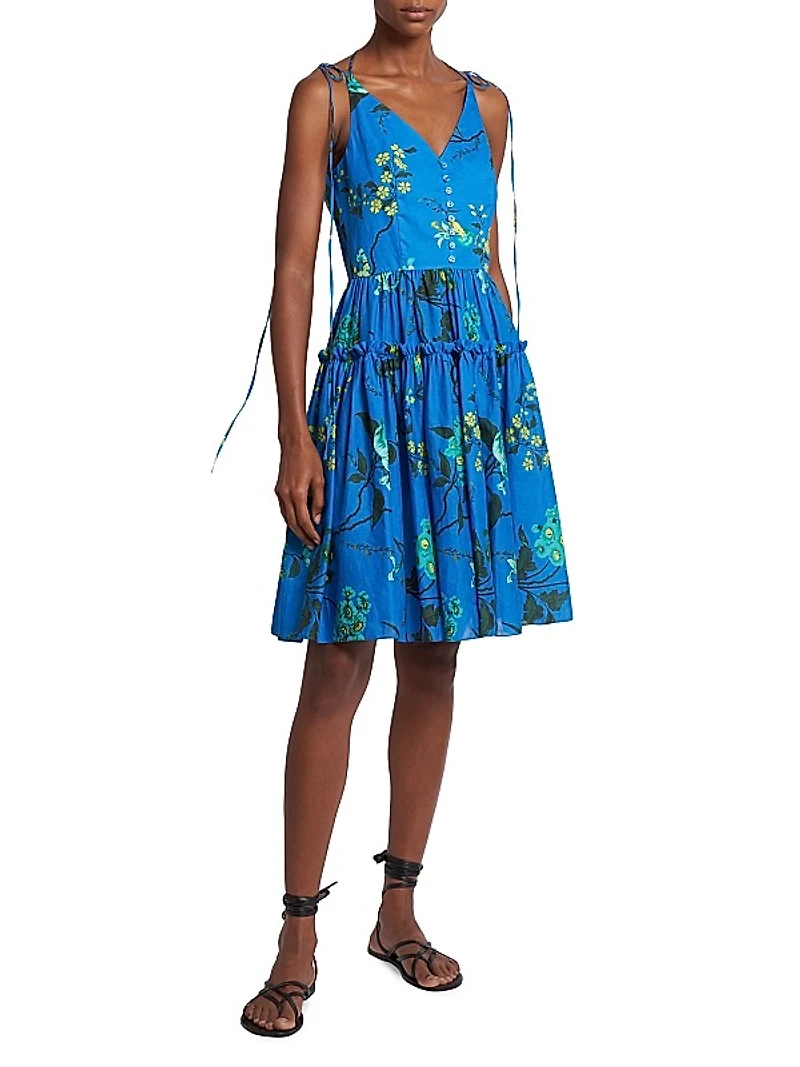 Cotton-Linen Floral Strappy Minidress